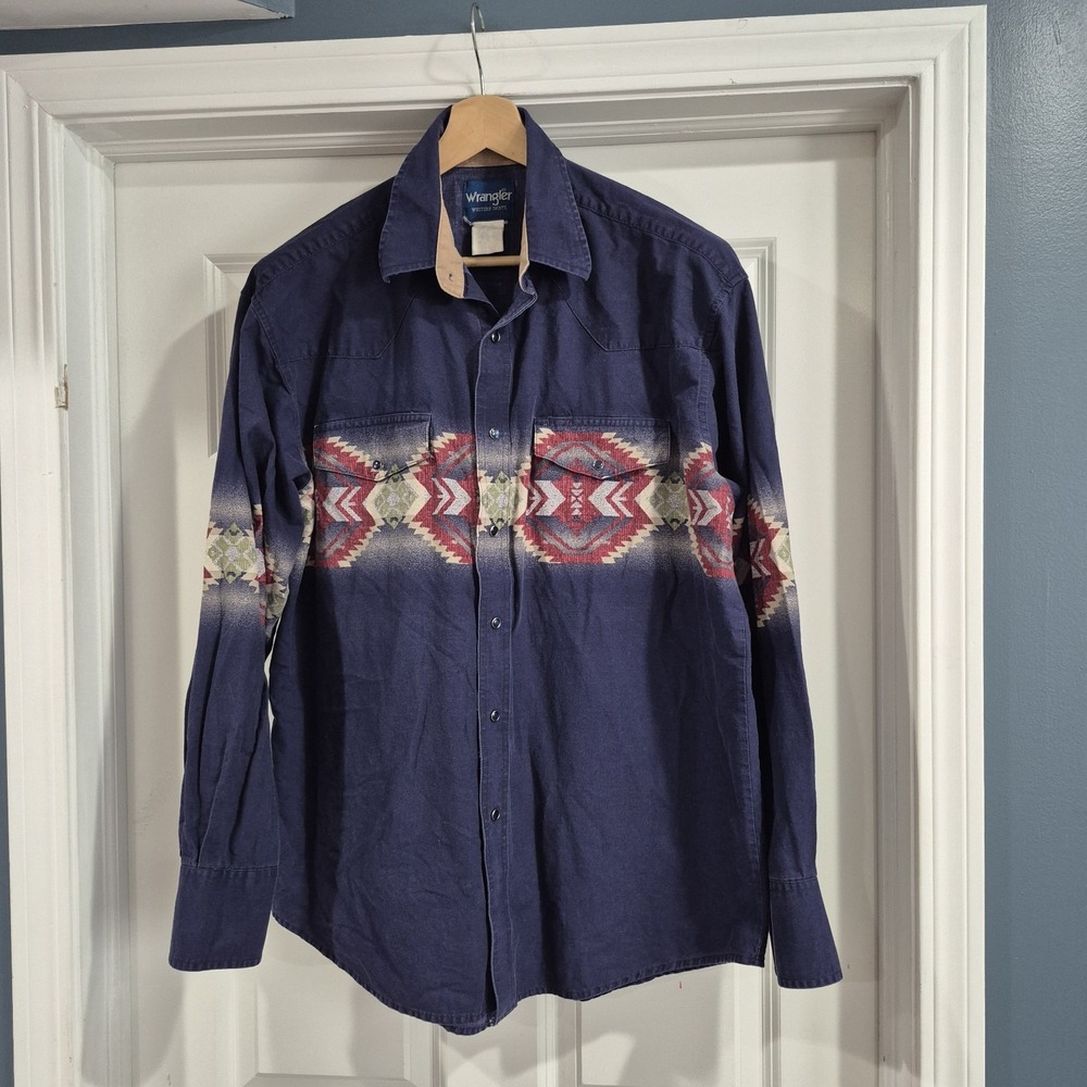 Vintage Wrangler Shirt Mens XL Navy Pearl Snap Aztec Southwestern Navajo 90s